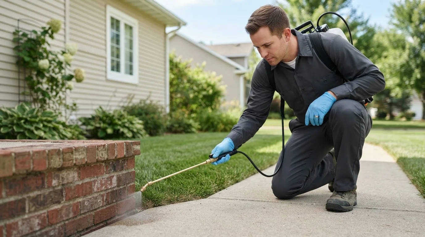 Pest control technician treating a home near Saxon, WI